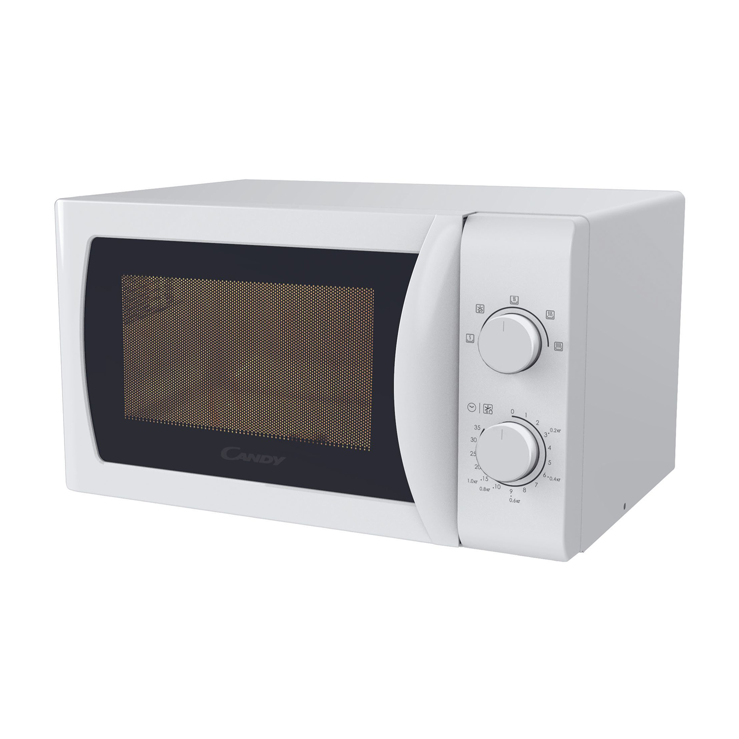 Forno a microonde bianco con porta nera e due manopole.