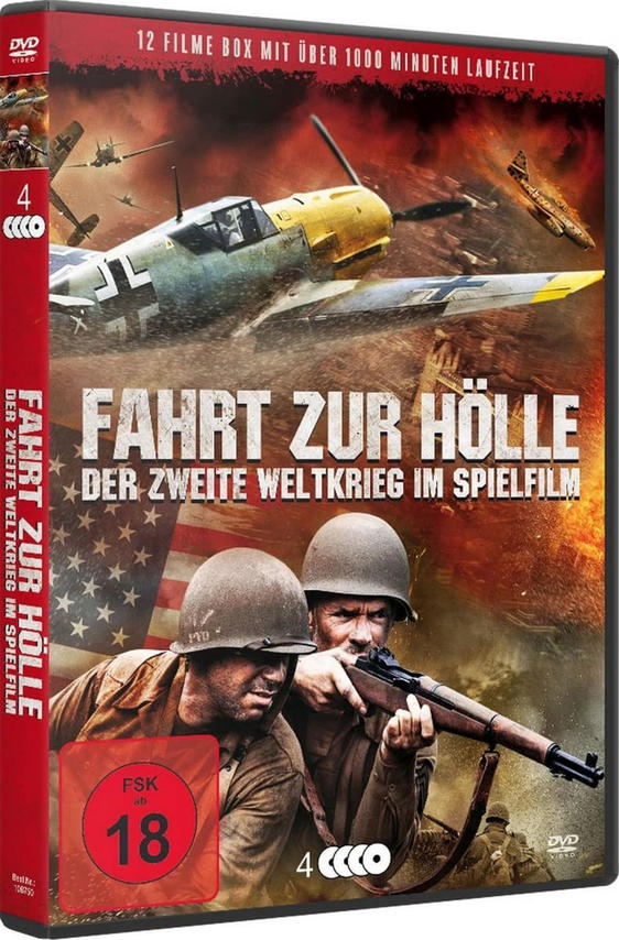 DVD-Hülle mit Kriegsszenen und Soldaten. Ein Flugzeug fliegt im Hintergrund. Der Titel lautet 'Fahrt zur Hölle'.