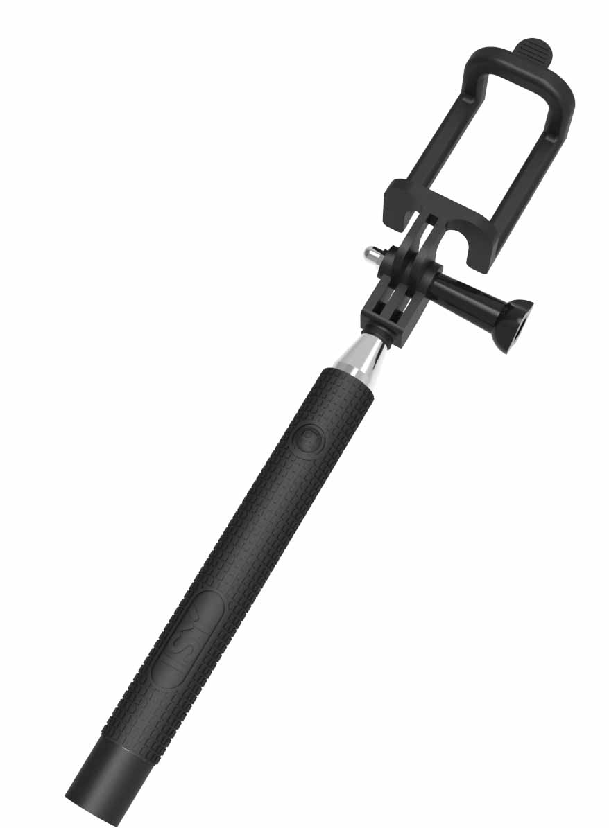 Schwarzer Selfie-Stick mit Handyhalterung. Er ist ausgefahren und einsatzbereit.
