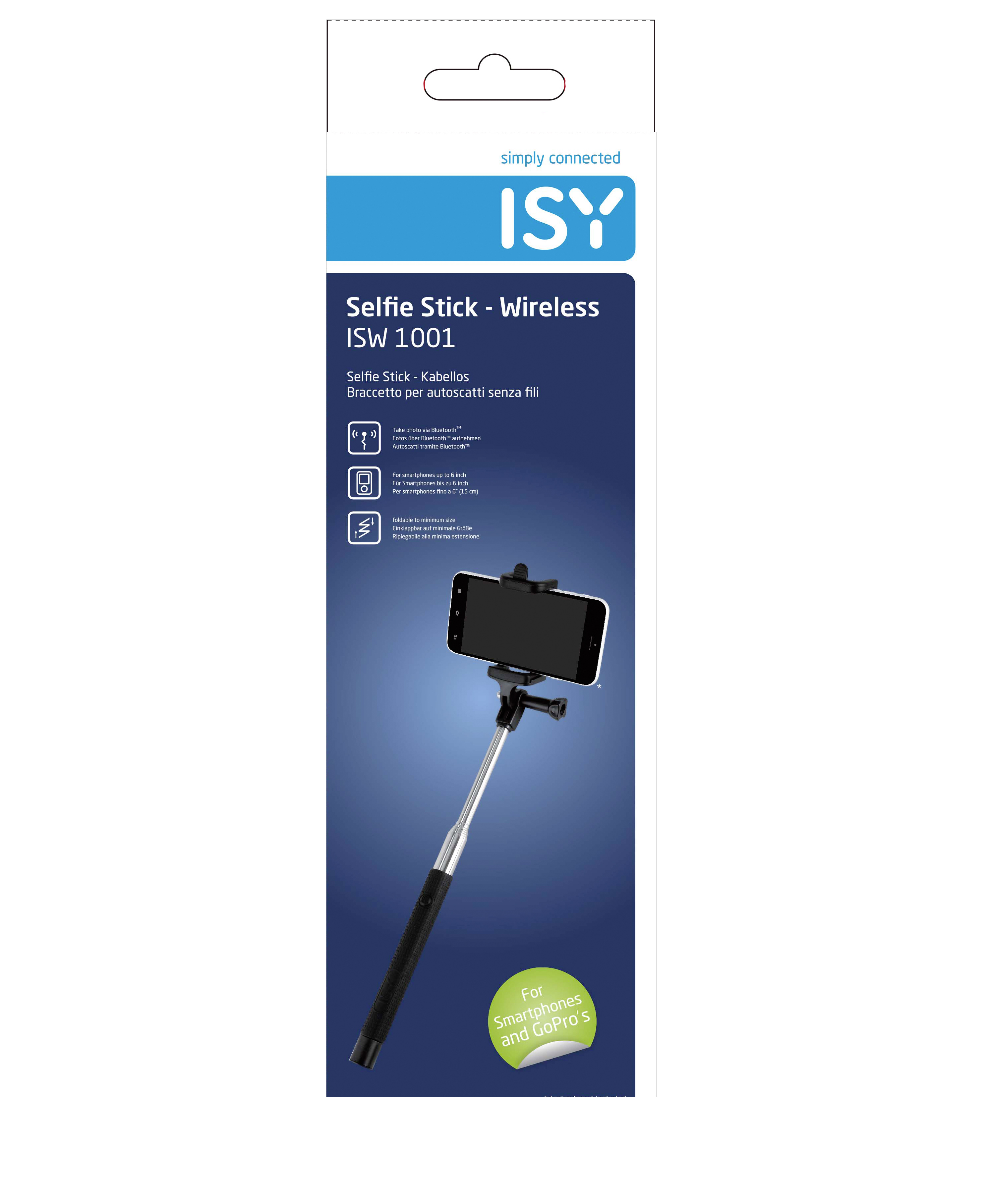 Ein Selfie-Stick auf weißem Hintergrund, mit Verpackung.