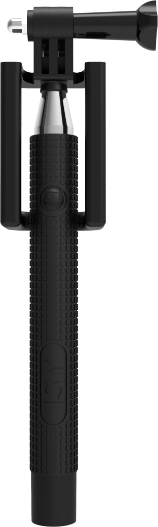 Schwarzer Selfie-Stick mit Telefonhalter, strukturierter Griff. Oberseite hat eine Kamerahalterung.