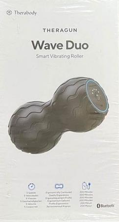 Theragun Wave Duo Smart Vibrationsrolle, verpackt in einer Box.