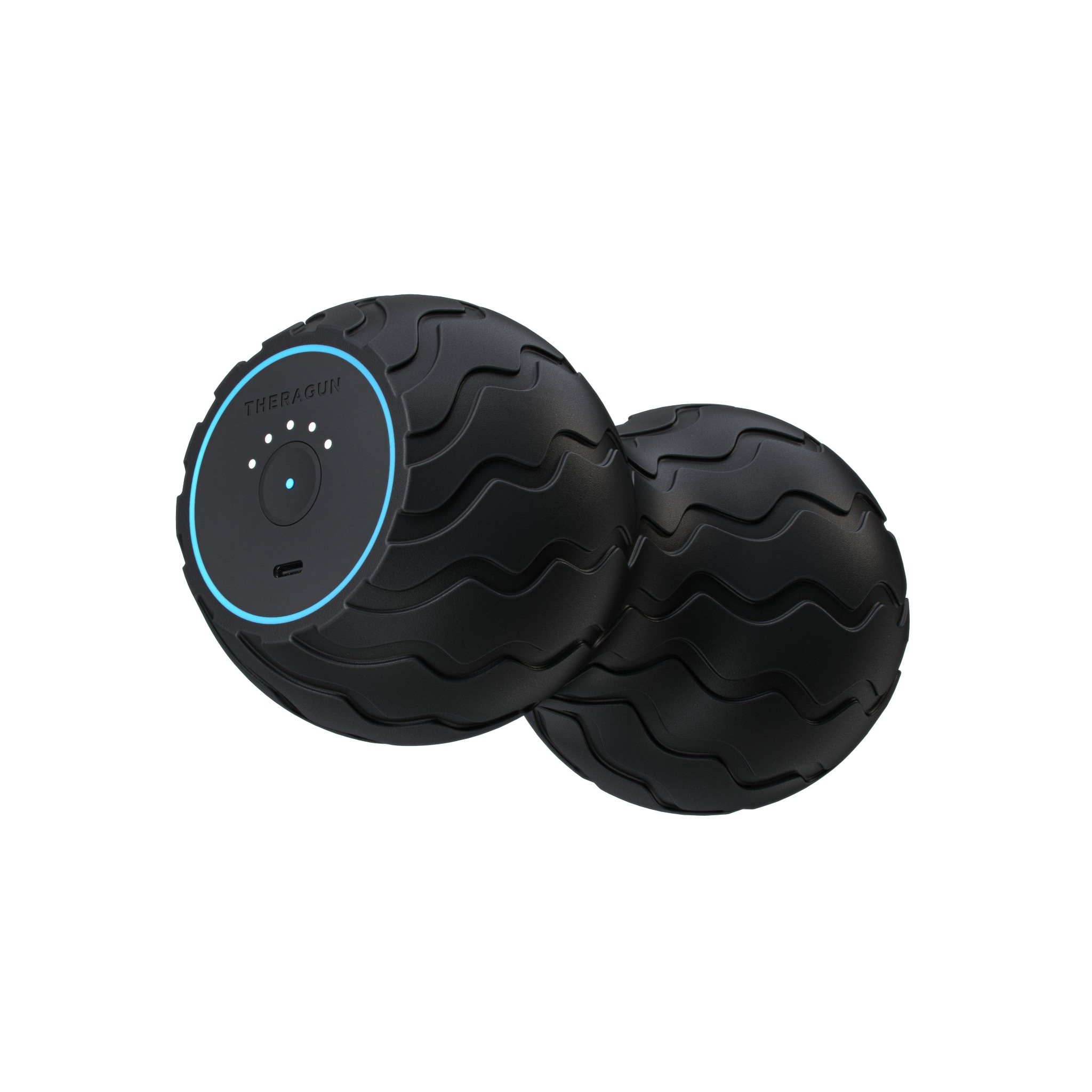 Schwarzer Massageball mit dem Markennamen 'Theragun', mit zwei verbundenen Kugeln.