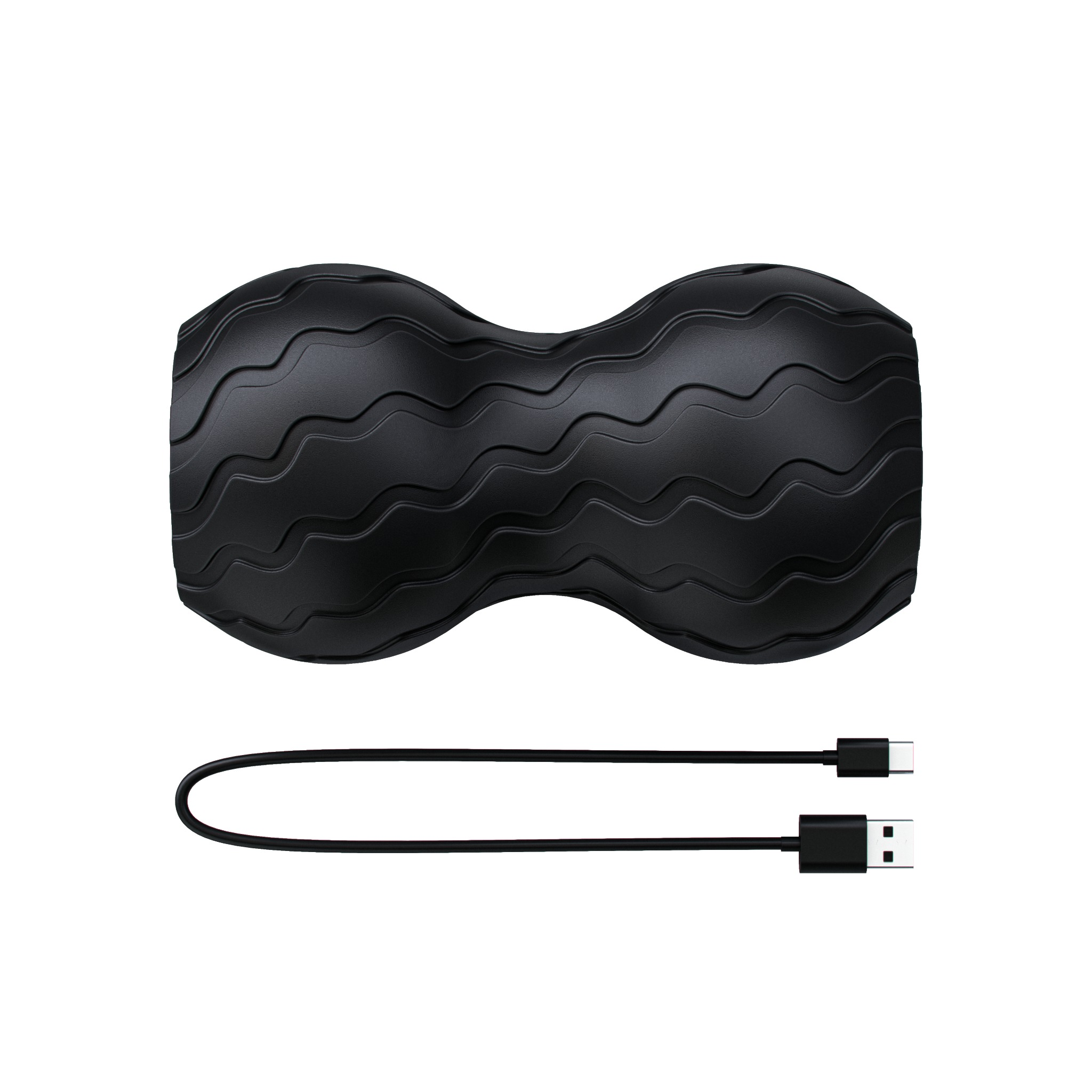 Eine schwarze Schaumstoffrolle in Erdnussform mit einem USB-Kabel darunter.