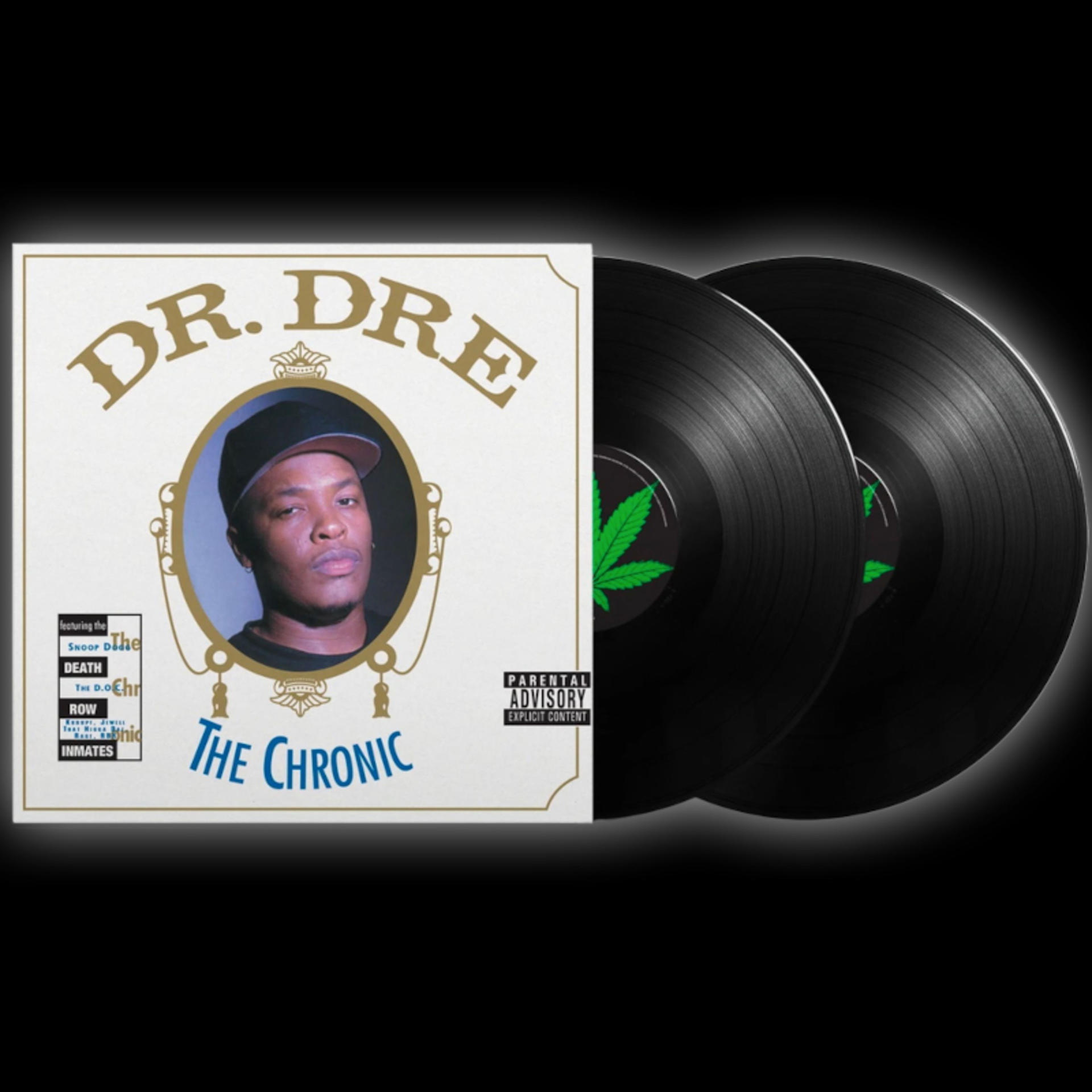 Pochette de l'album 'The Chronic' de Dr. Dre avec deux disques vinyles noirs. Le contexte est la musique.