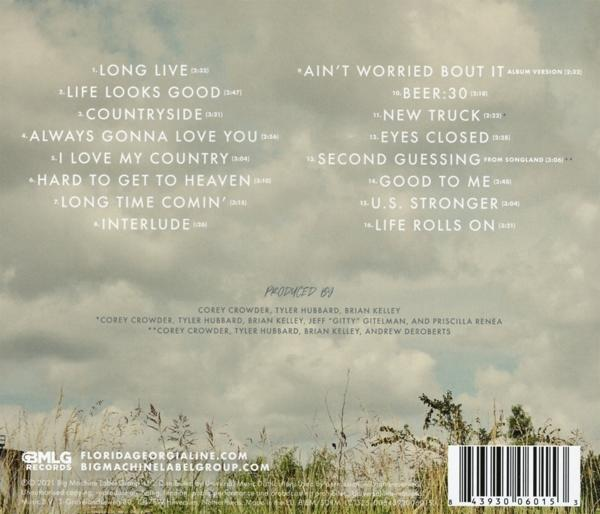 Egy album borítójának hátulja a számlistával és a produkciós stáblistával. A borító egy mezőt mutat.
