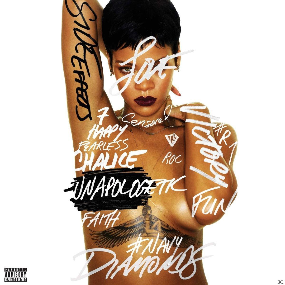 Rihanna album borítója, a meztelen mellkasa tetoválásokkal és felirattal. Fehér háttér.
