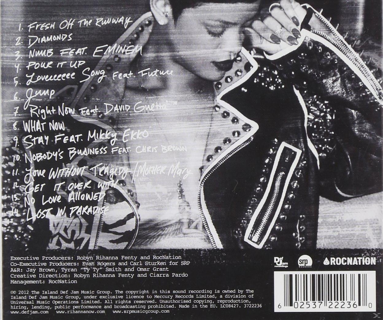 Rihanna albumának borítója a számlistával és a közreműködőkkel. Rihanna bőrdzsekiben van.