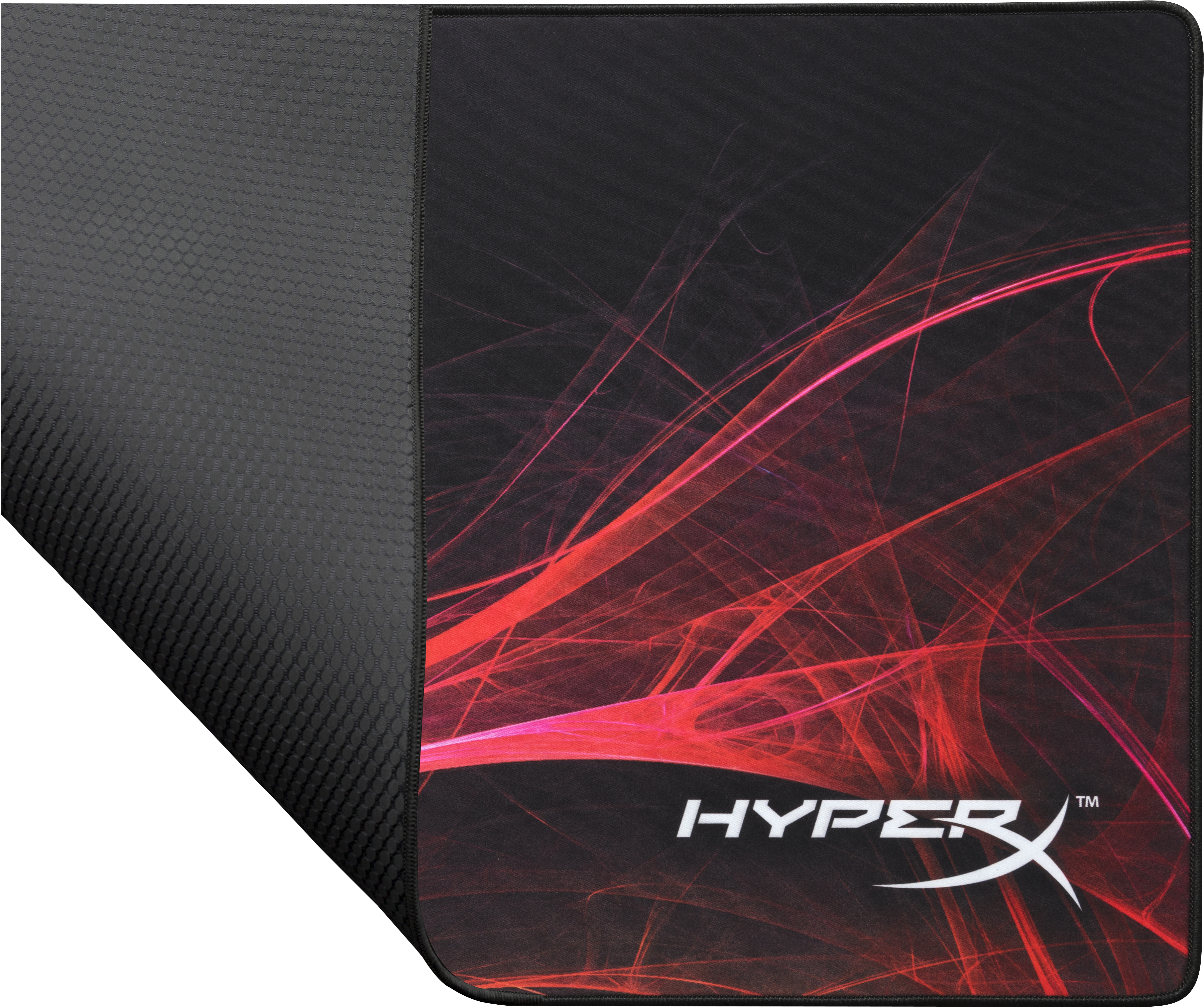 Schwarzes und rotes Gaming-Mauspad. HyperX-Logo in Weiß. Strukturierte schwarze Oberfläche links.
