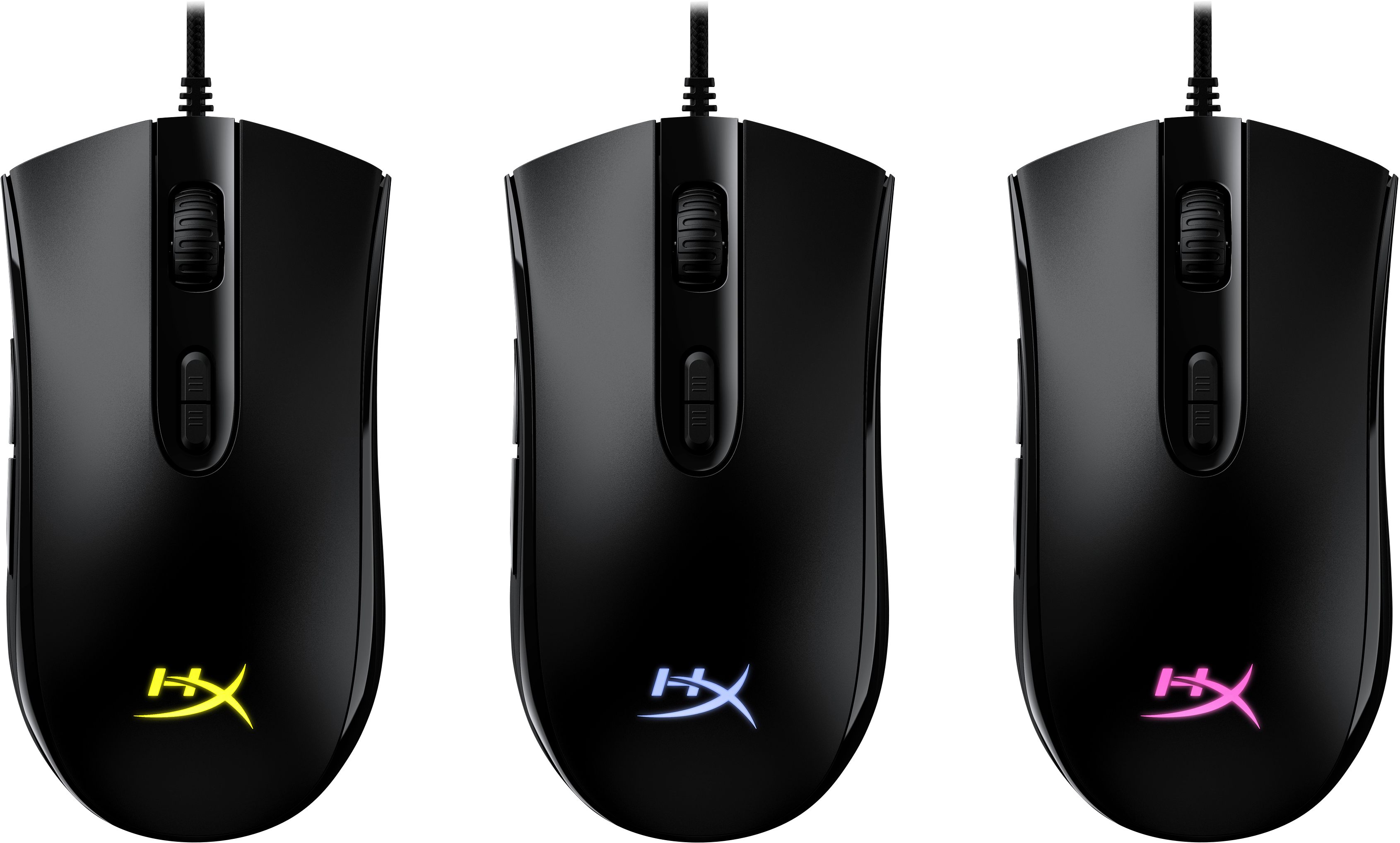 Drei schwarze Gaming-Mäuse mit unterschiedlich farbigen Logos, gelb, blau und rosa. Jede hat ein Kabel.