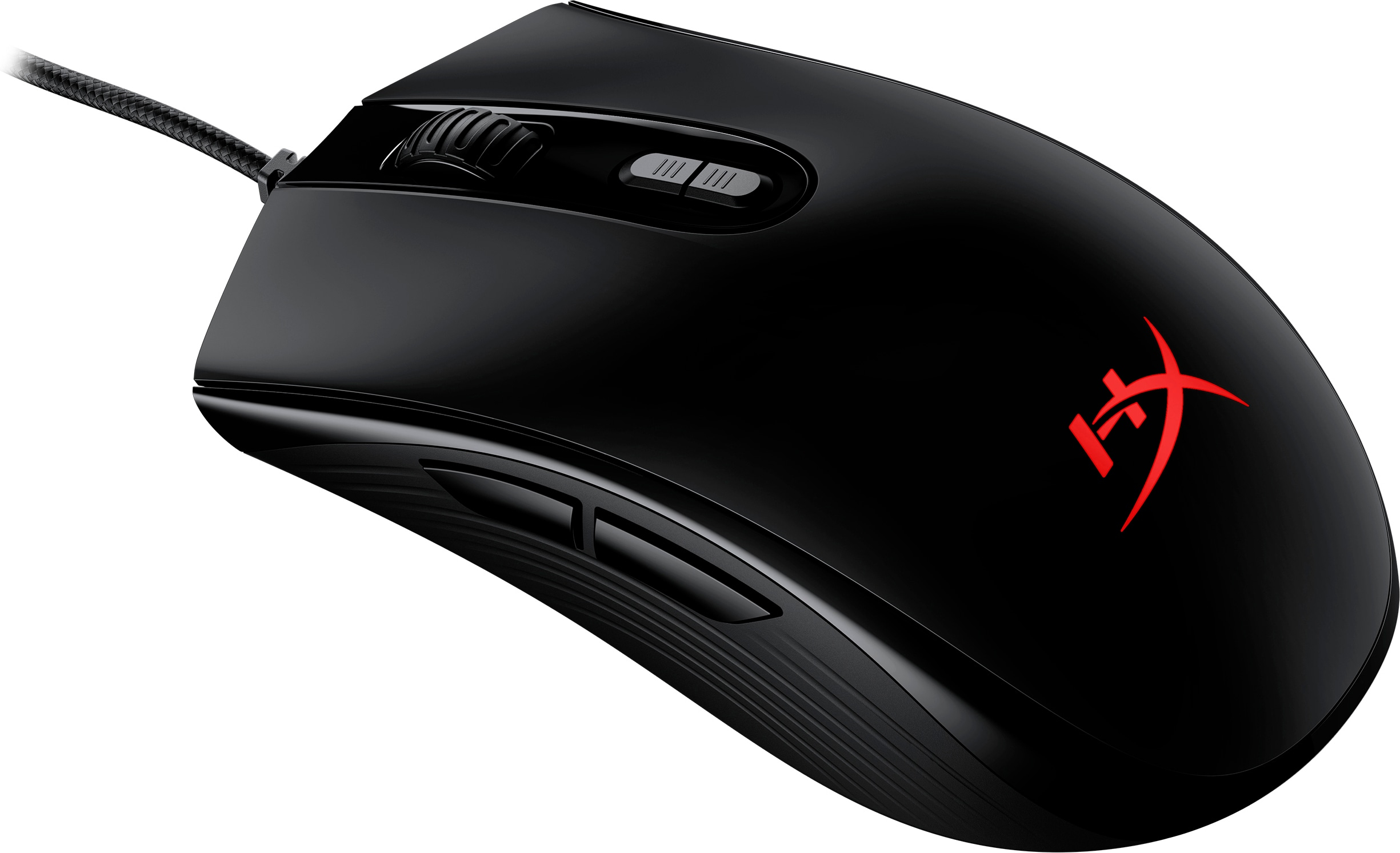 Schwarze Gaming-Maus mit roten Akzenten und Logo. Zeigt Seitentasten und Scrollrad.