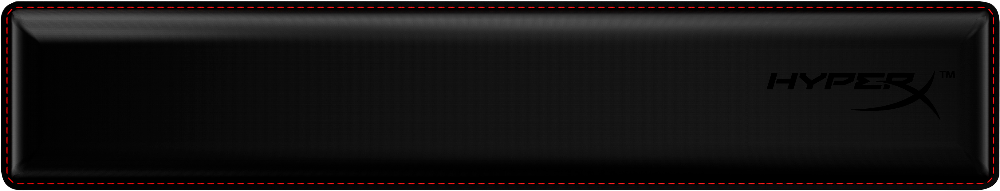 Eine lange, schwarze Handballenauflage mit roter Naht und HyperX-Logo rechts unten.