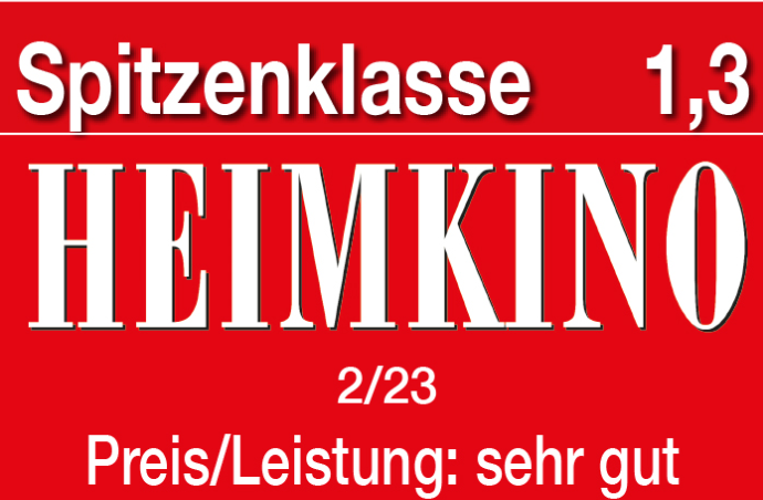 Rotes Schild mit weißem Text, das eine gute Bewertung für Heimkino, Preis/Leistung angibt.