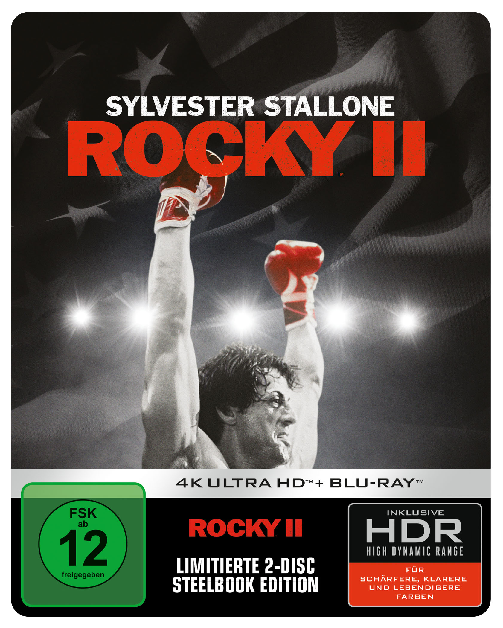 Filmposter für 'Rocky II' mit Sylvester Stallone, die Arme hebend. Fetter roter Text und Filmdetails.