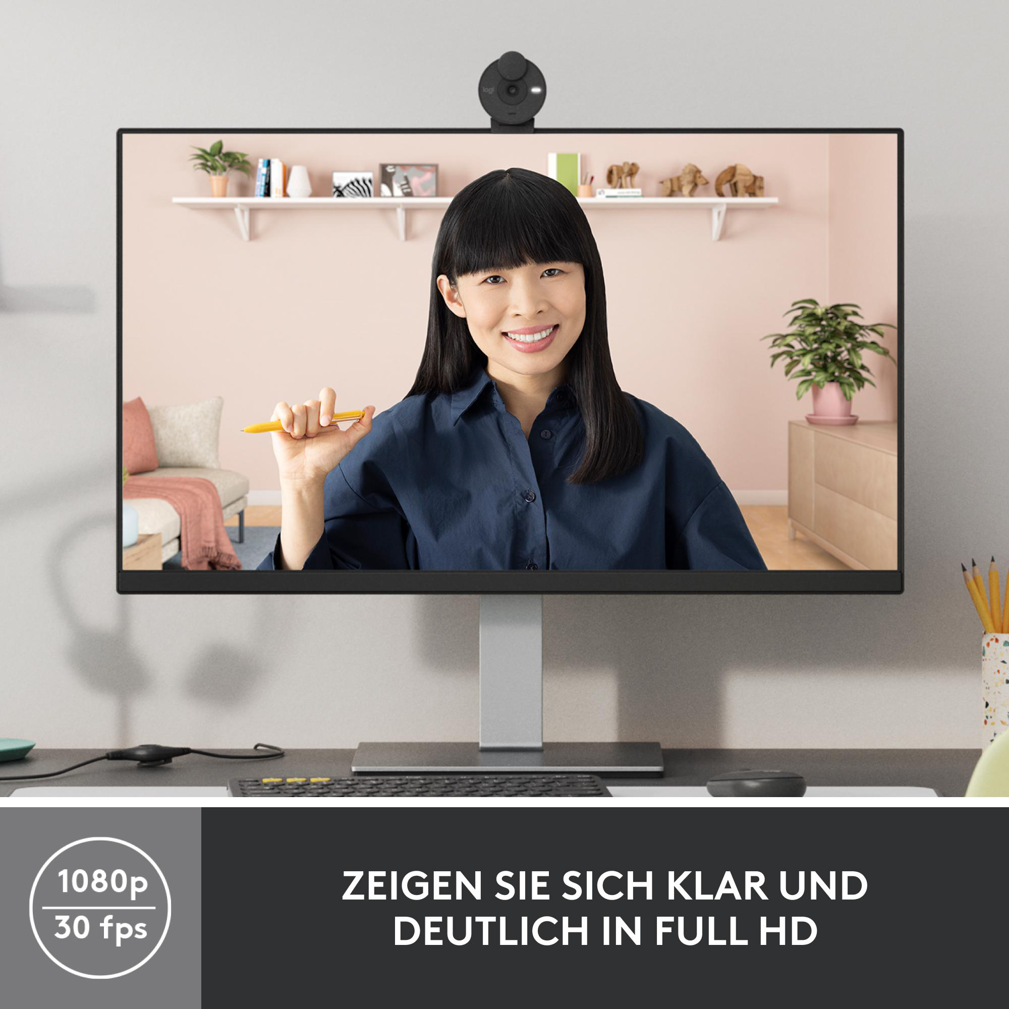 Eine Person auf dem Bildschirm vor einem Monitor. Eine Webcam befindet sich oben auf dem Bildschirm.