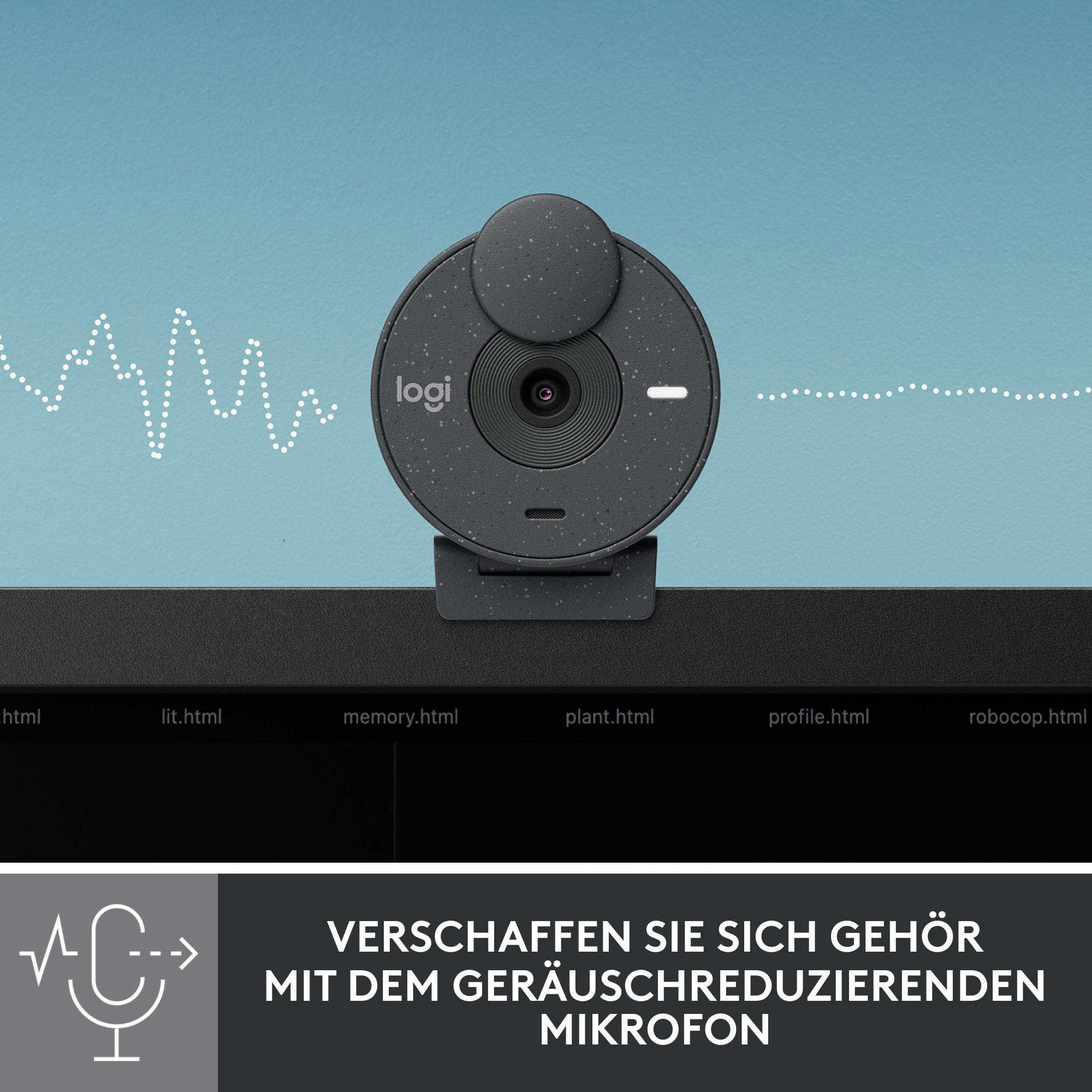 Eine schwarze und graue Webcam mit Mikrofon-Symbol und deutschem Text.