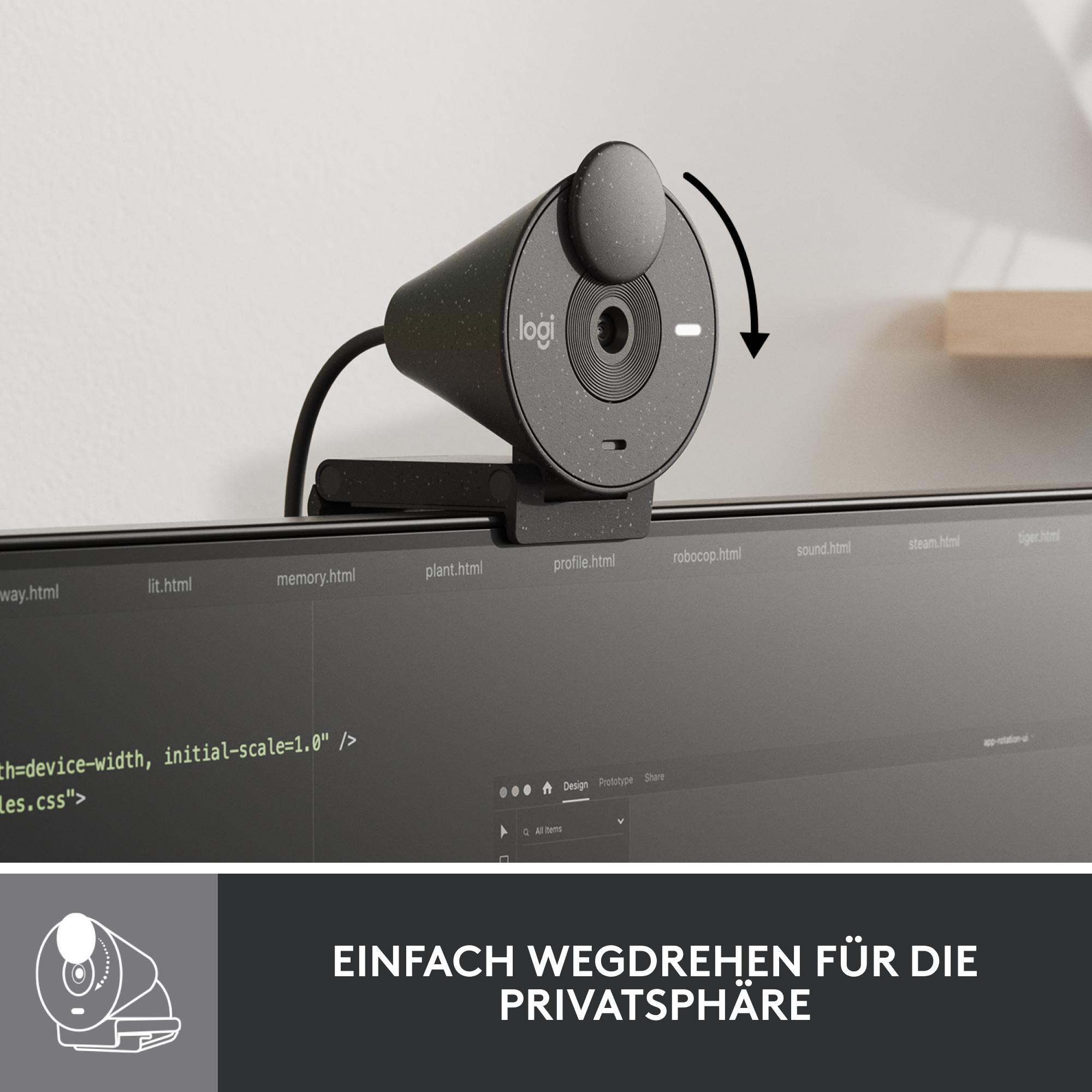 Webcam oben auf einem Monitor, kann gedreht werden. Text: Einfach zur Privatsphäre drehen. Der Bildschirm zeigt Code.