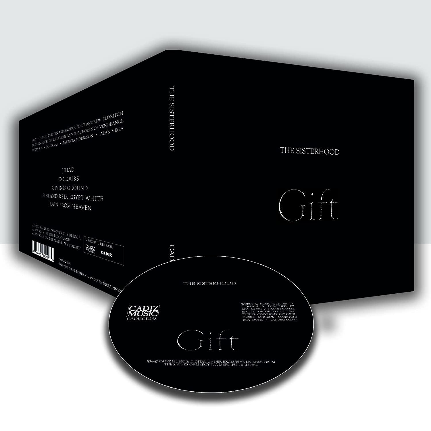 Schwarze CD-Hülle und CD. Die Hülle ist schwarz mit weißem Text. Die CD hat ein schwarzes Etikett mit weißem Text.