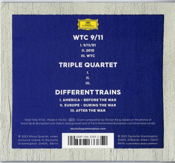 Quadratisches Albumcover mit farbenfrohem Design. Text: WTC 9/11, Triple Quartet, Different Trains.