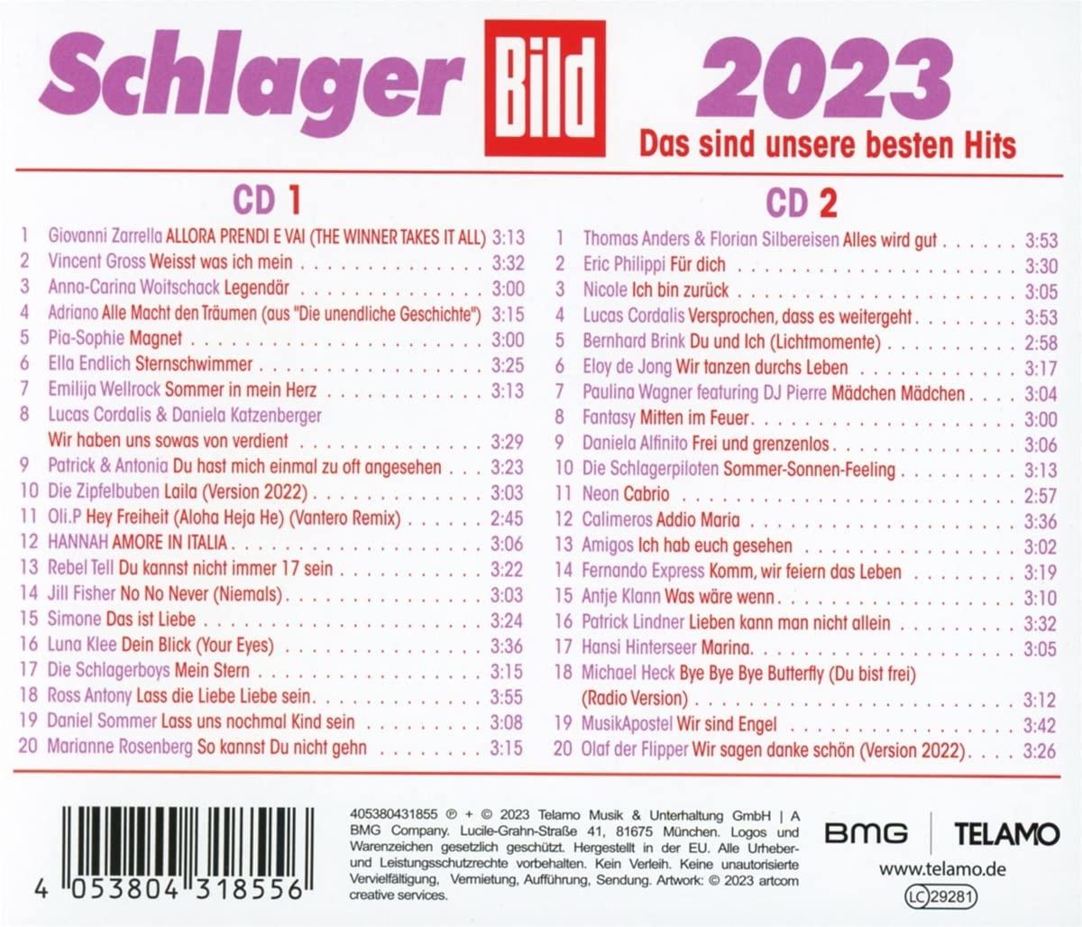 Ein Zeitschriften-Cover mit Text auf Deutsch, das Lieder auflistet. Der Titel lautet 'Schlager Bild 2023', eine Musikkompilation.