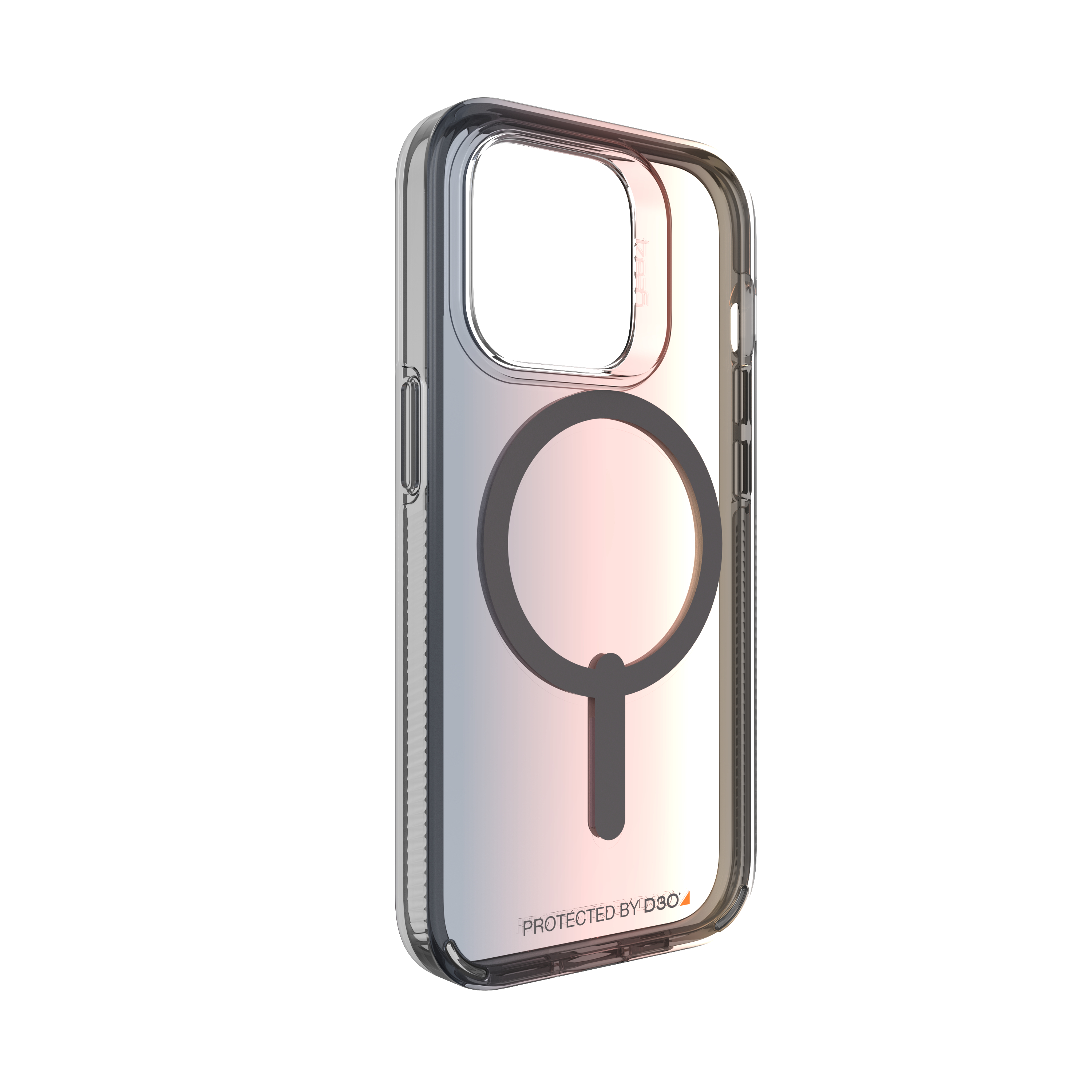 Transparente Handyhülle mit schwarzem Kreis und Schutzschicht.
