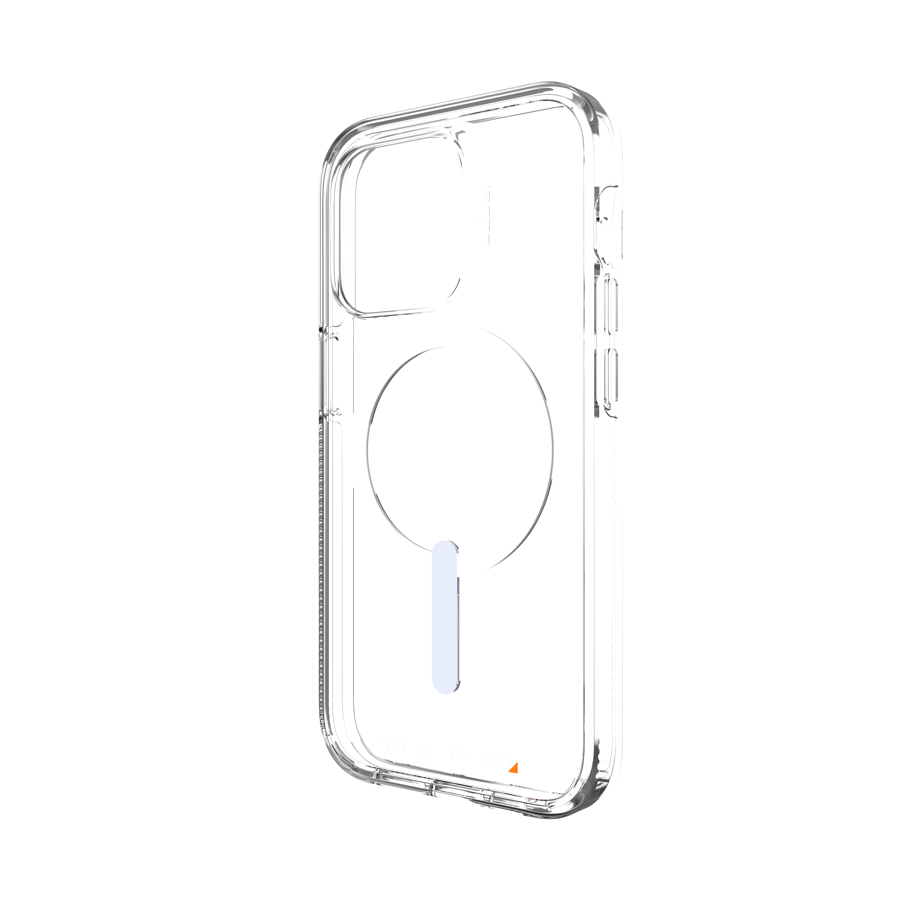 Transparente iPhone-Hülle mit MagSafe, transparent, schlichtes Design, zeigt die Rückseite des Telefons.