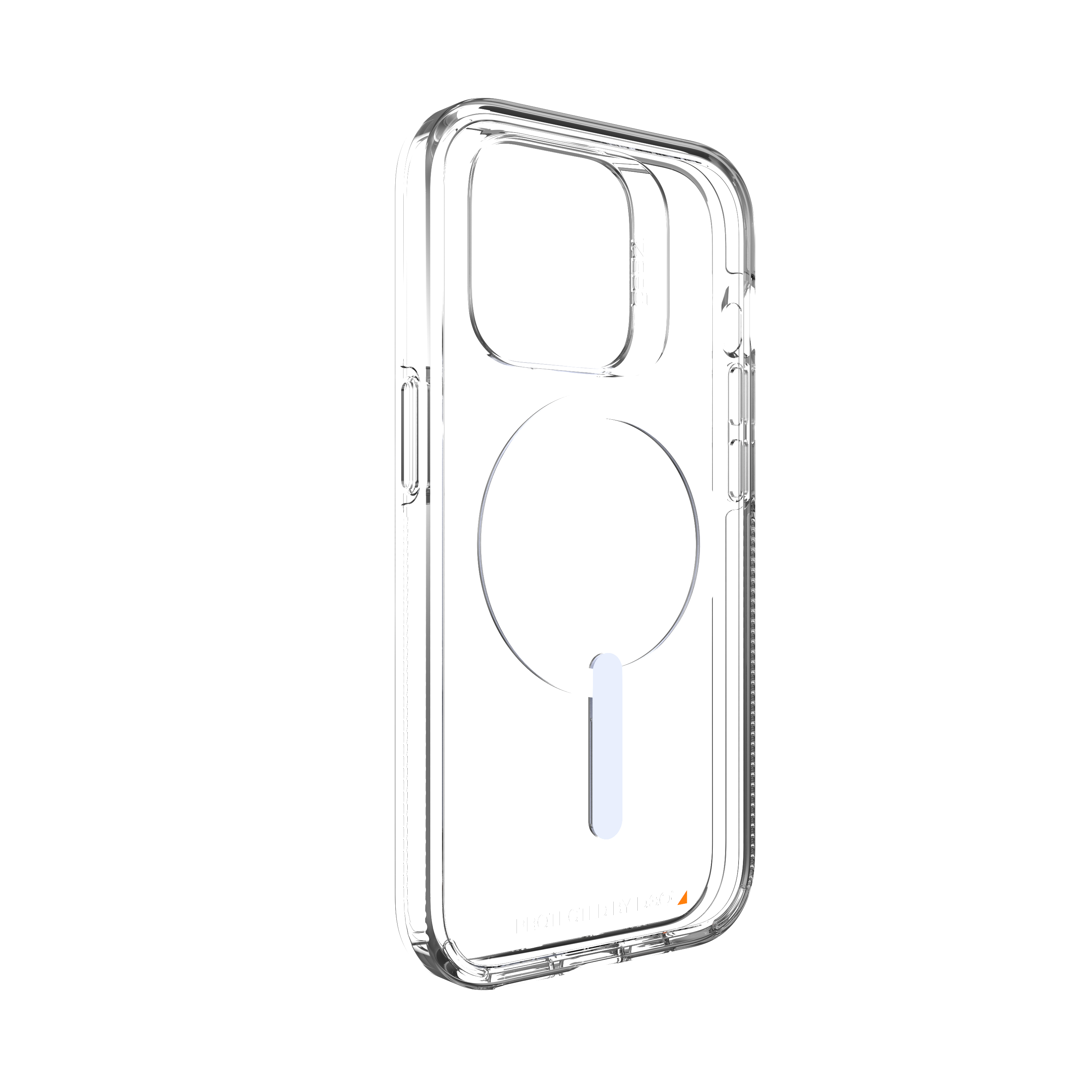 Transparente Handyhülle mit MagSafe-Ring. Mit Kameraausschnitt und weißer MagSafe-Anzeige.