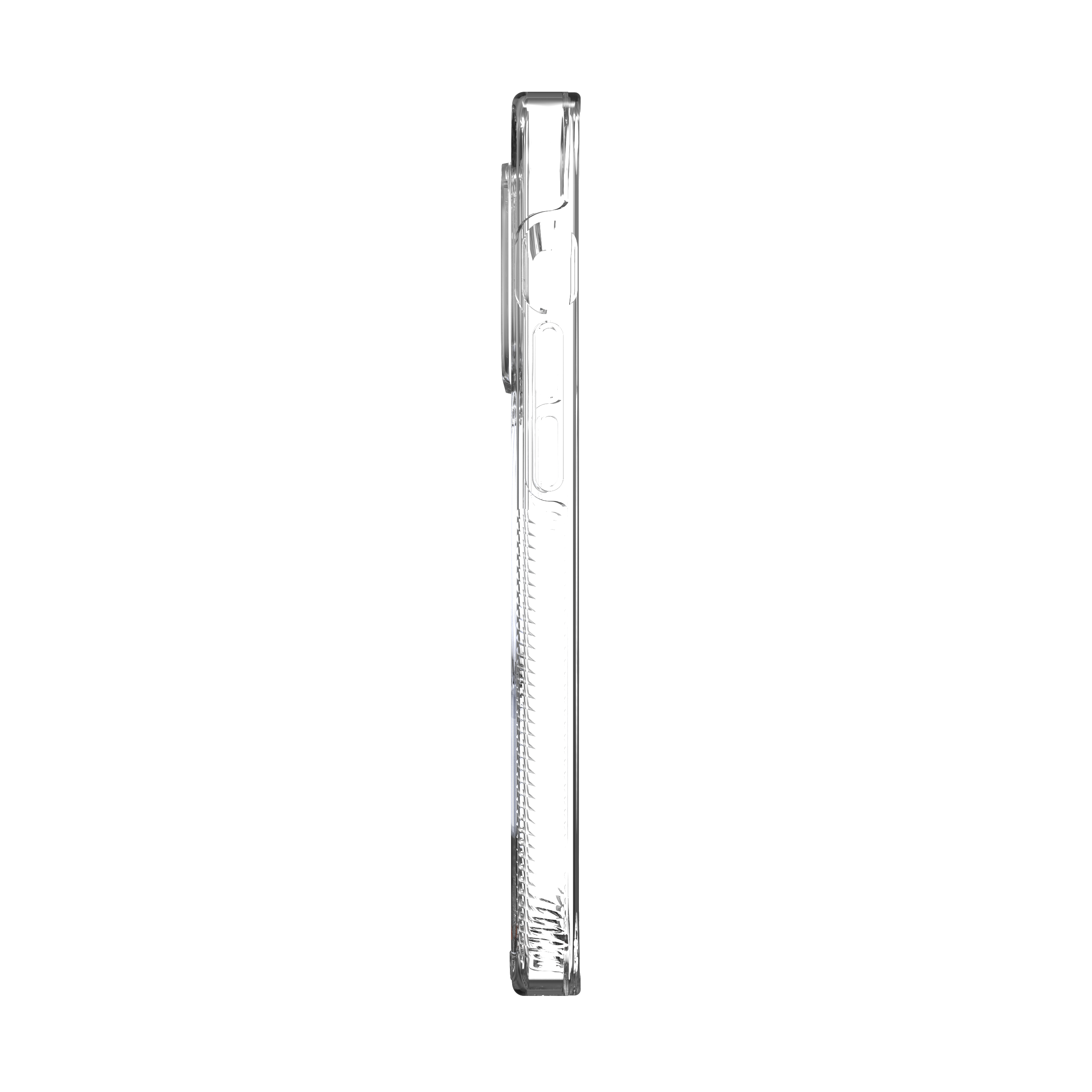 Transparente iPhone-Hülle, Seitenansicht. Transparent, mit leicht strukturierter Einfassung und weißem Hintergrund.