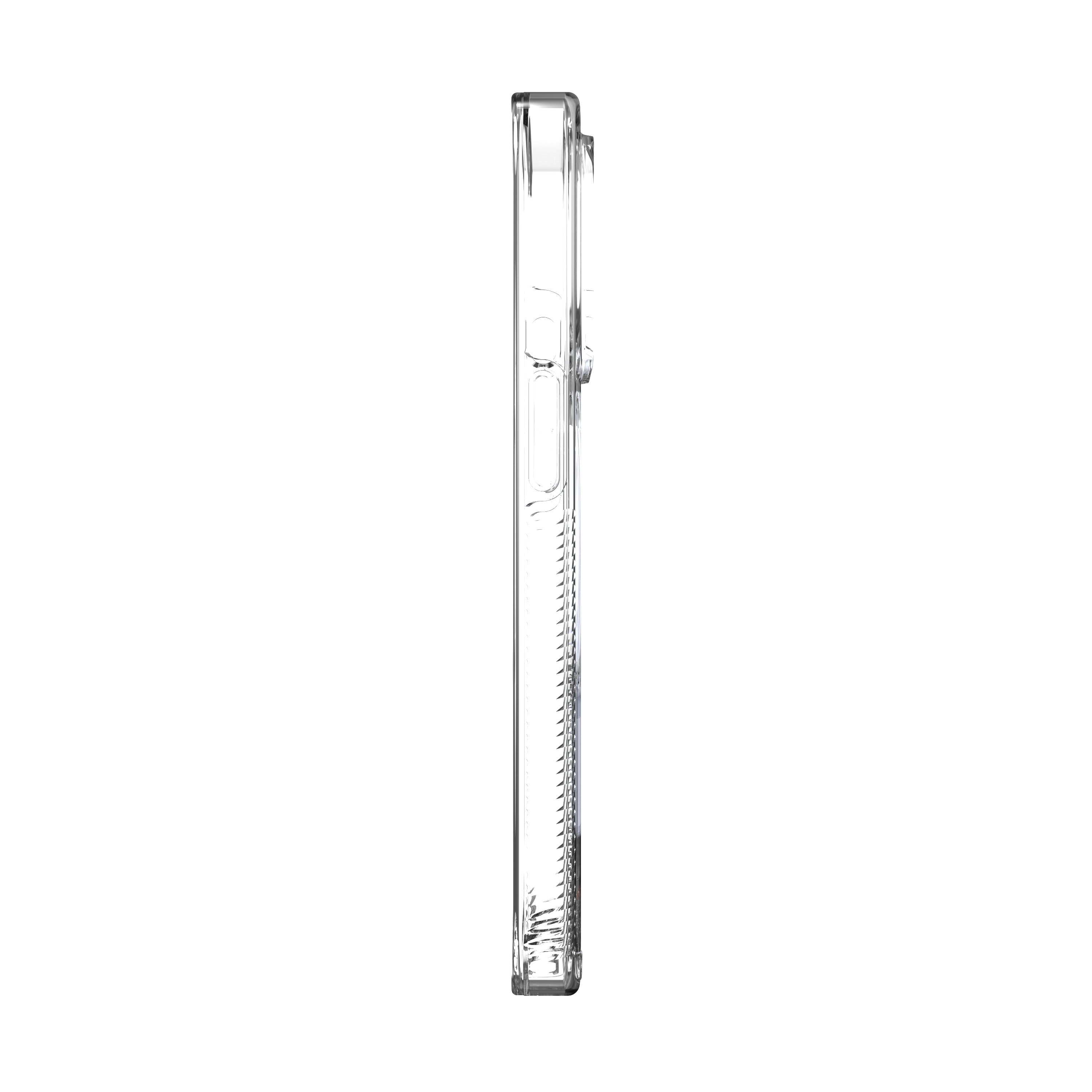 Klare Handyhülle, Seitenansicht. Transparent mit leichtem Farbton, zeigt die Seitentasten, auf weißem Hintergrund.