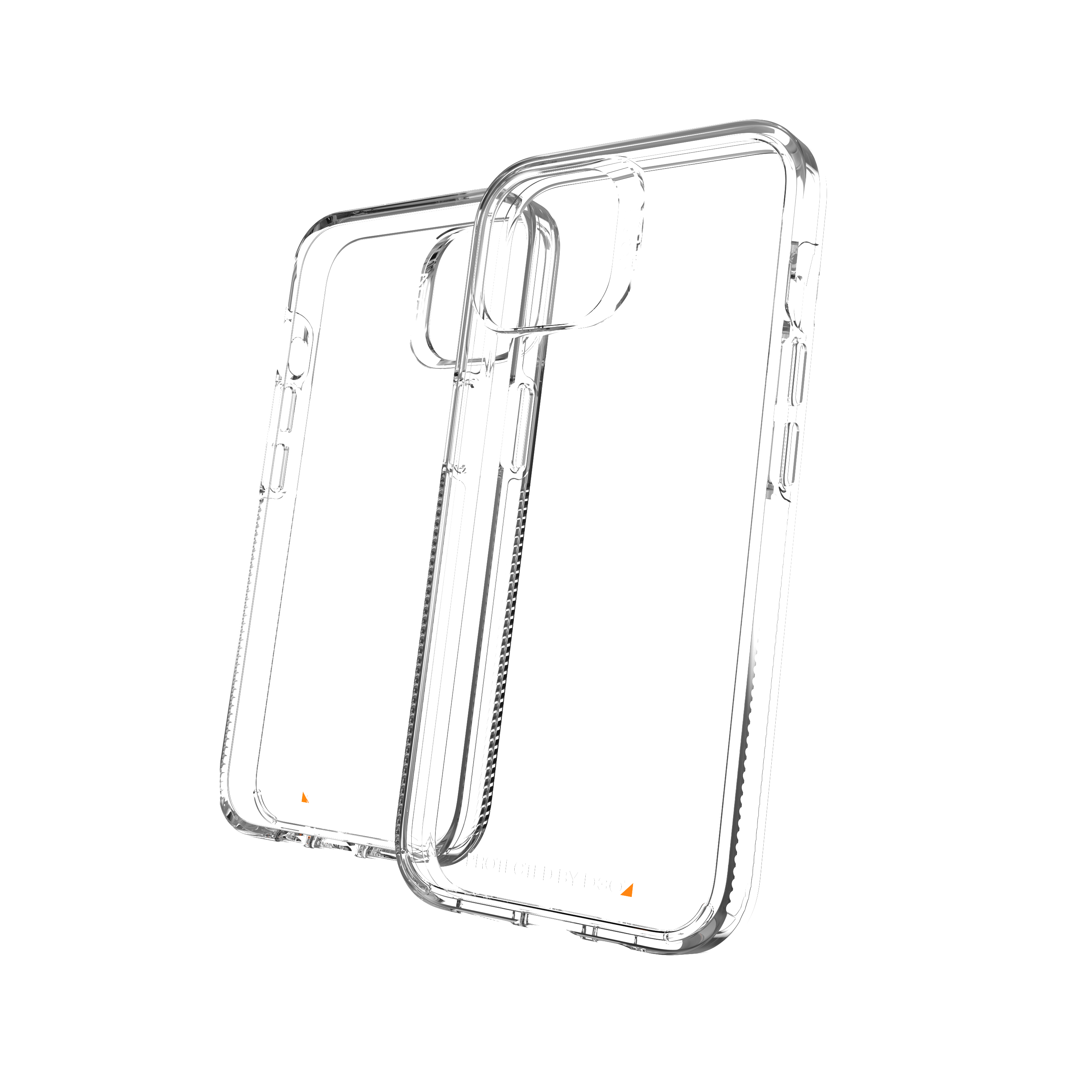 Zwei transparente Handyhüllen, leicht angewinkelt vor weißem Hintergrund, Design zeigend.