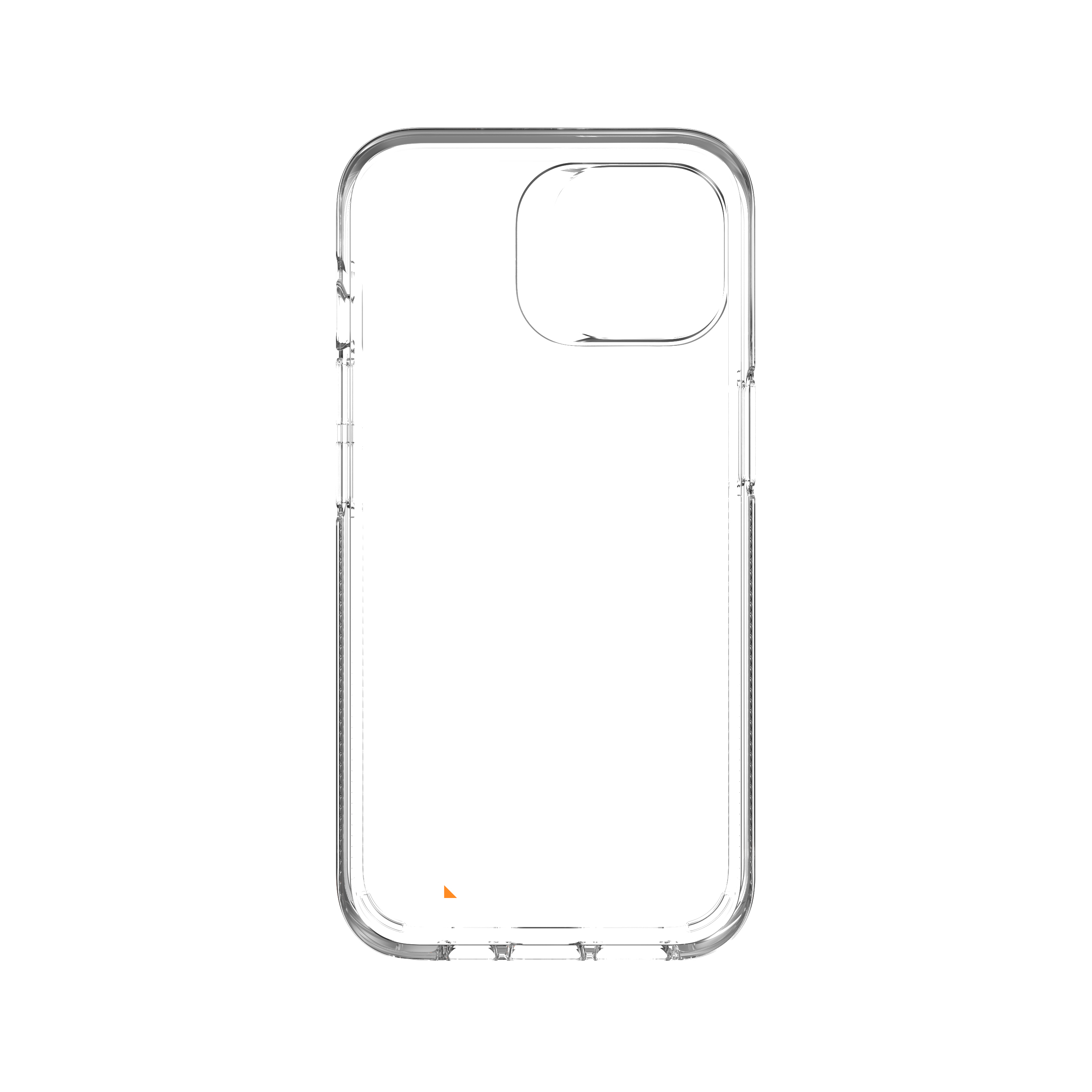 Eine transparente Handyhülle. Es ist transparent. Es hat einen Kameraausschnitt und Knöpfe.