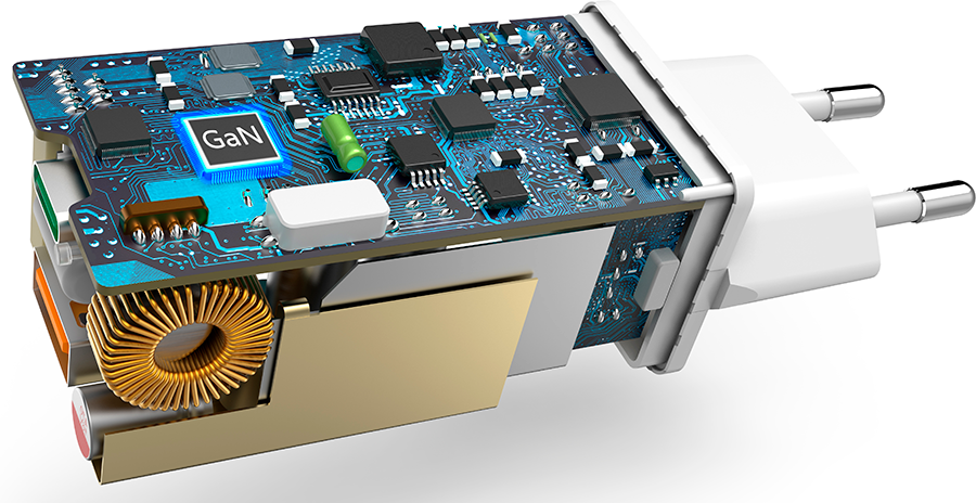 Cutaway image of a white charger. Blue, green, and gold internal components.