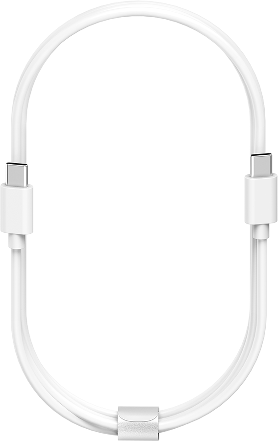 White USB-C cable. Two USB-C connectors, connected by a white cable, with a silver connector.