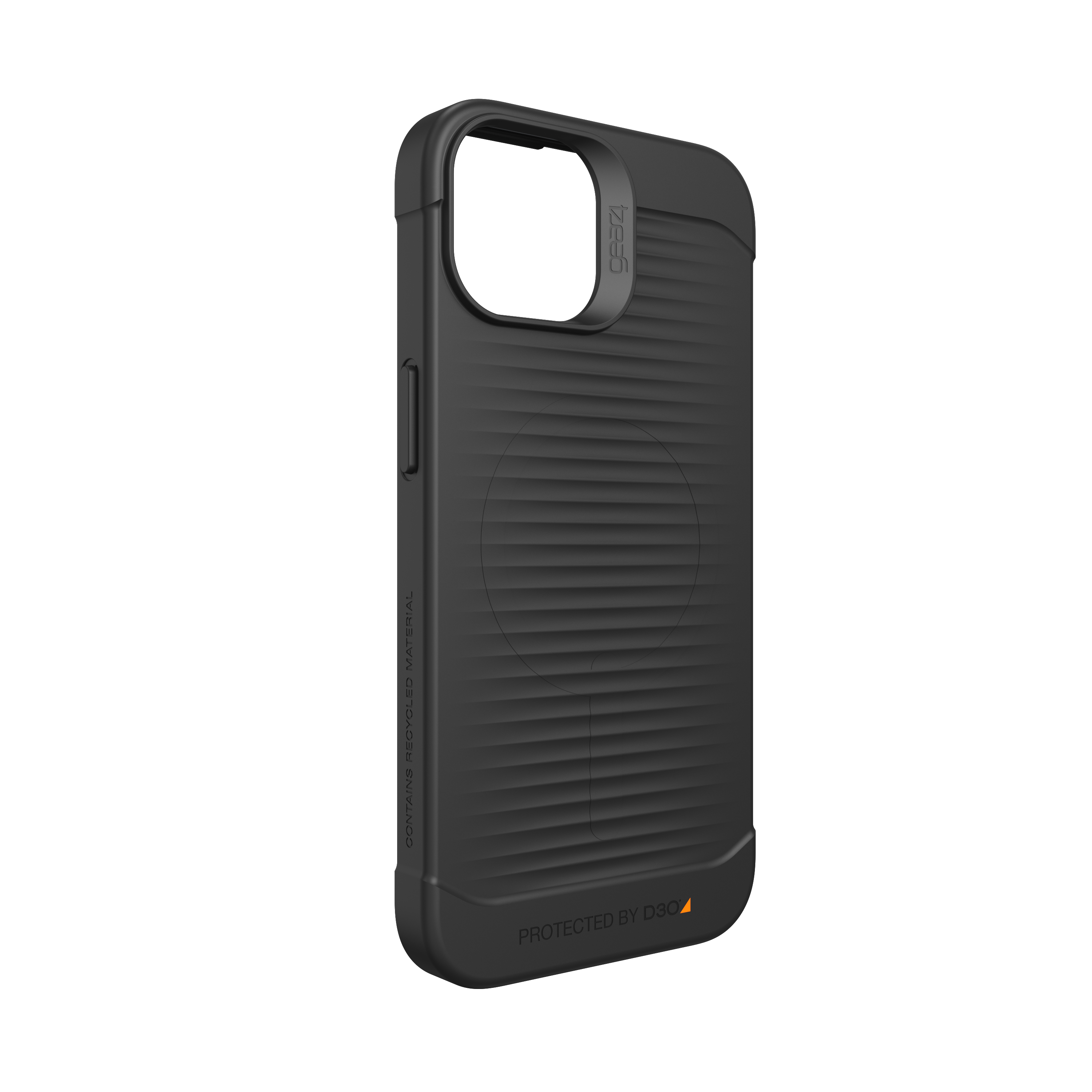 Eine schwarze Handyhülle mit geripptem Design und einer kreisförmigen Markierung auf der Rückseite.