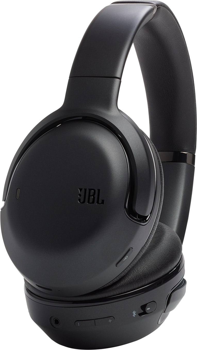 Schwarze JBL-Kopfhörer. Es sind Over-Ear-Kopfhörer mit sichtbaren Knöpfen und einem Ladeanschluss.