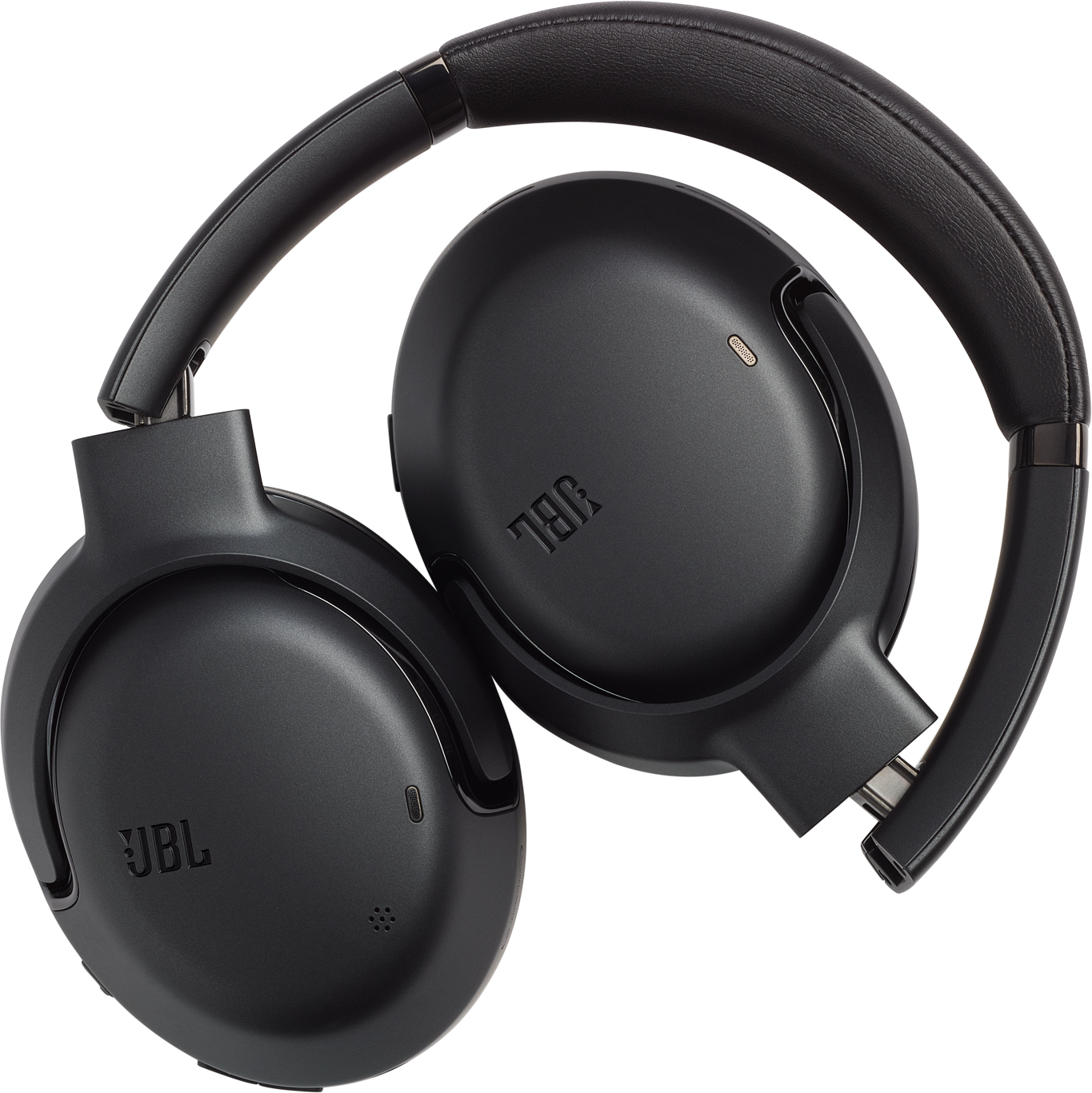 Schwarze JBL-Kopfhörer, zusammengeklappt. Sie sind auf weißem Hintergrund isoliert.