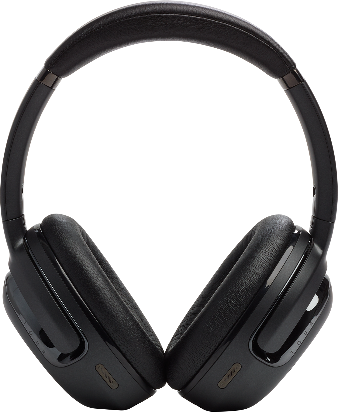 Schwarze Over-Ear-Kopfhörer mit Bügel, Ohrmuscheln und glänzender Oberfläche. Der Hintergrund ist weiß.