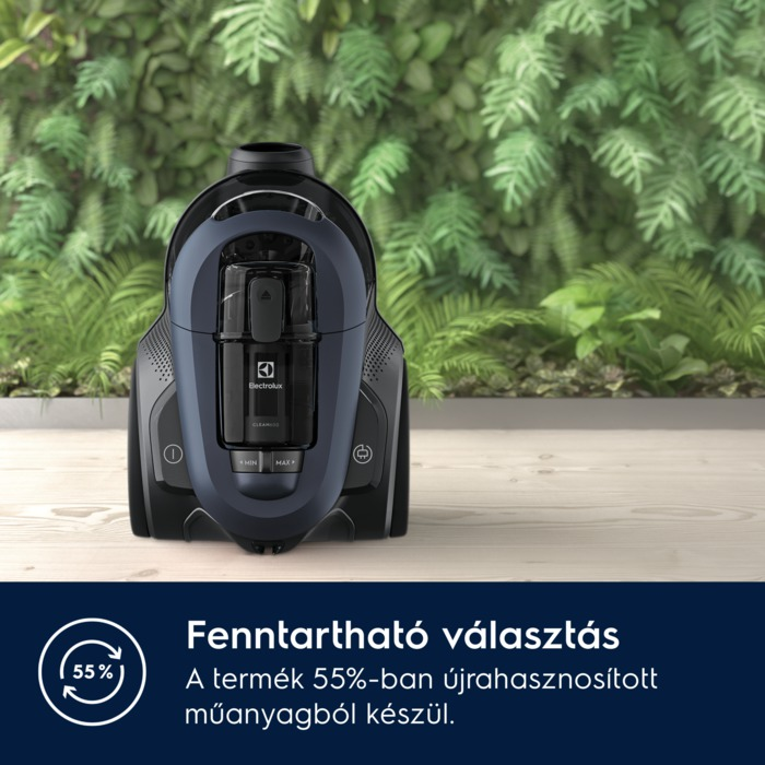 Fekete-kék porszívó szöveggel.