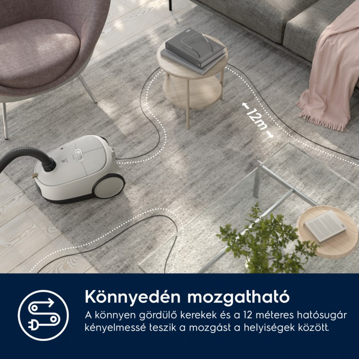 Porszívó a szőnyegen, a kábel 12m-re nyúlik. A szöveg: 'Könnyen mozgatható'.