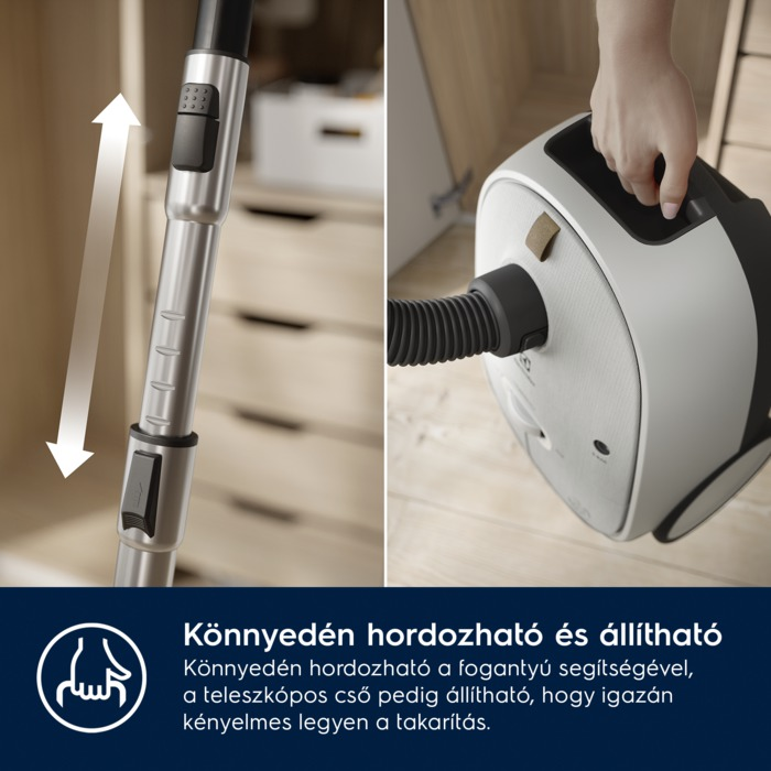 Porszívó, amely a fogantyújának beállítását és a porszívó testét mutatja.
