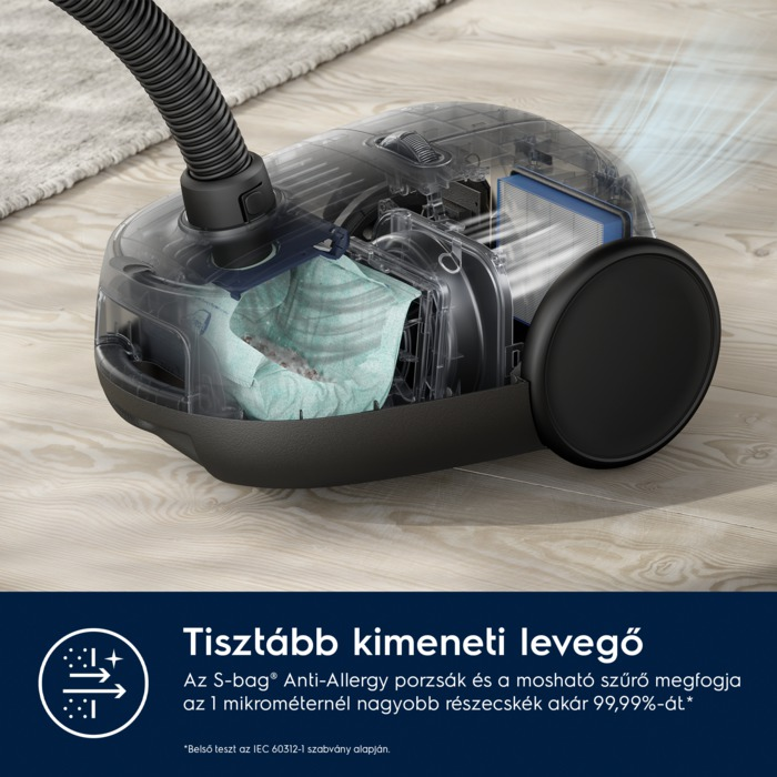 Átlátszó porszívó kék szűrővel és magyar nyelvű szöveggel az alján.