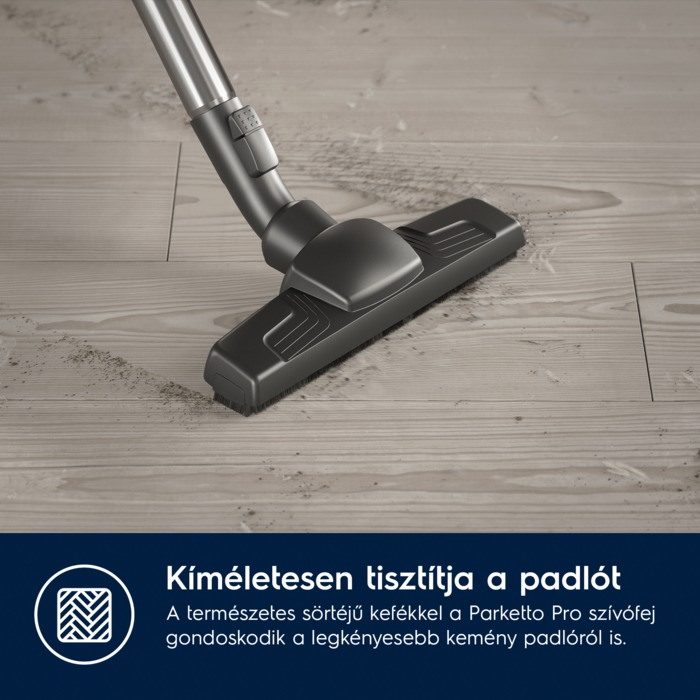 Porszívófej fa padlót tisztít, magyar szöveggel.