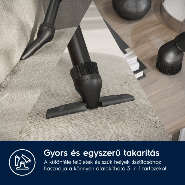 Porszívó tartozékok tisztítanak egy kanapét és egy asztalt.