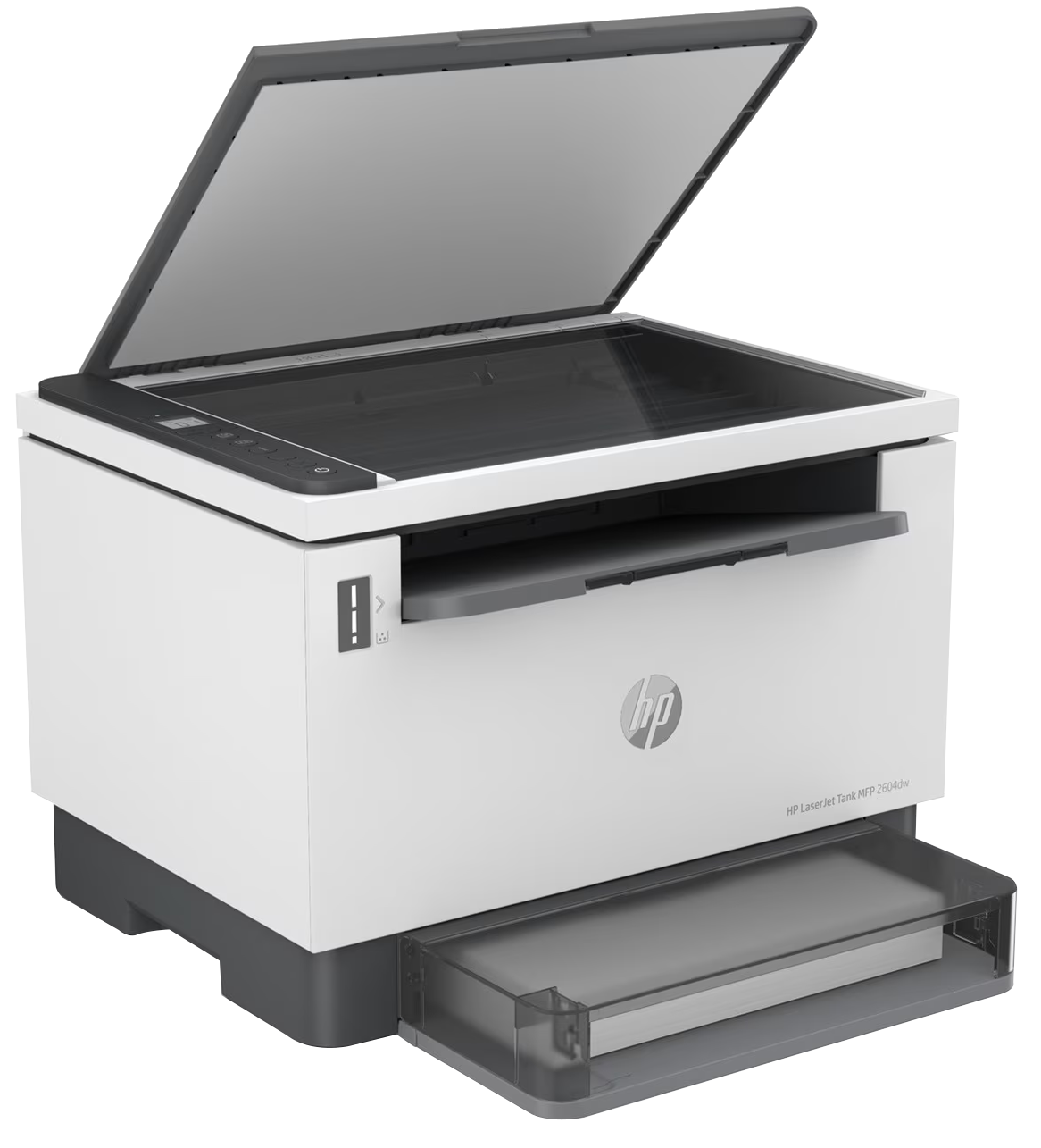 Fehér HP Laserjet nyomtató nyitott szkennerfedéllel és tálcával, benne papírral.