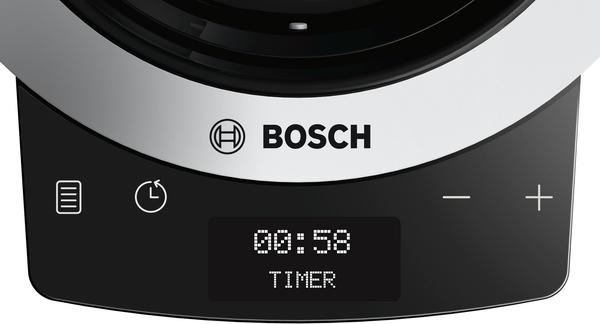 Nahaufnahme eines schwarz-silbernen Bosch-Geräte-Displays. Der Timer zeigt 00:58 an.