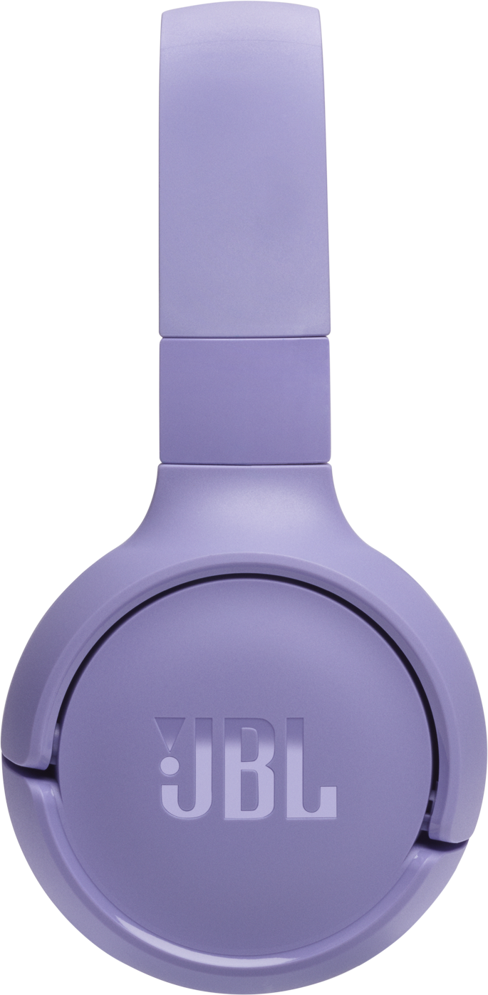 Un paio di cuffie JBL viola, angolate per mostrare i padiglioni e l'archetto. Il logo JBL è visibile.