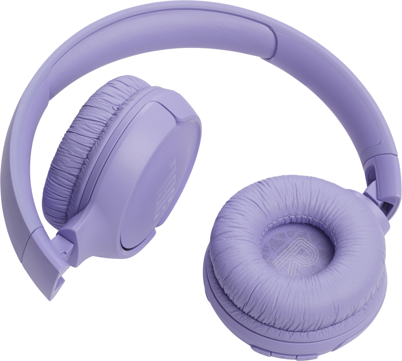 Cuffie JBL viola. Le cuffie sono piegate, mostrando i padiglioni e l'archetto.