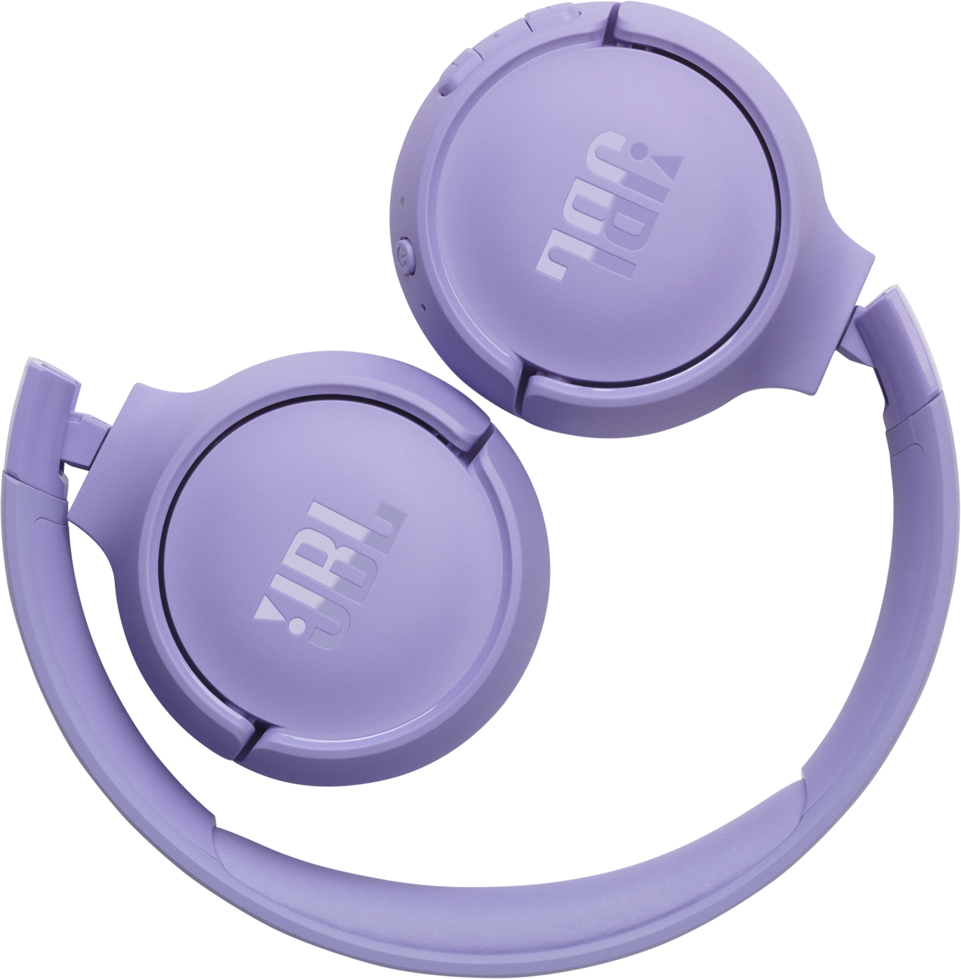 Cuffie JBL lavanda. I padiglioni sono ripiegati verso l'interno. Logo JBL bianco visibile.