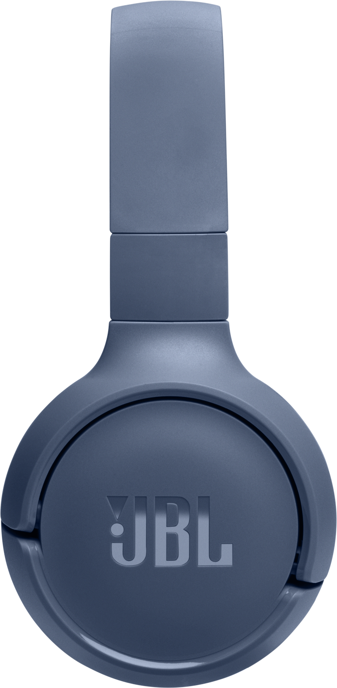 Cuffie JBL blu, primo piano del padiglione con logo.
