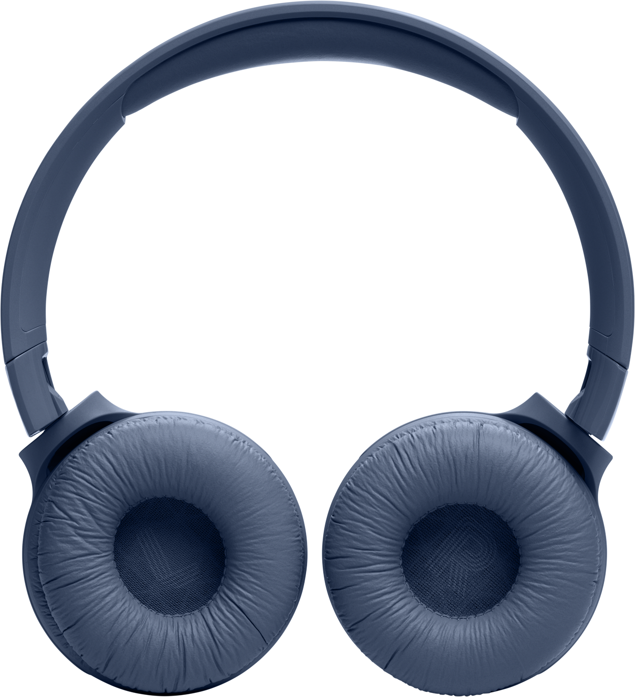 Cuffie blu scuro con padiglioni imbottiti e archetto. Isolate su bianco.